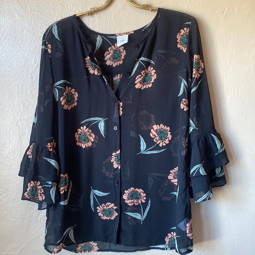 CAbi La Di Da Black Floral Blouse Size Small
